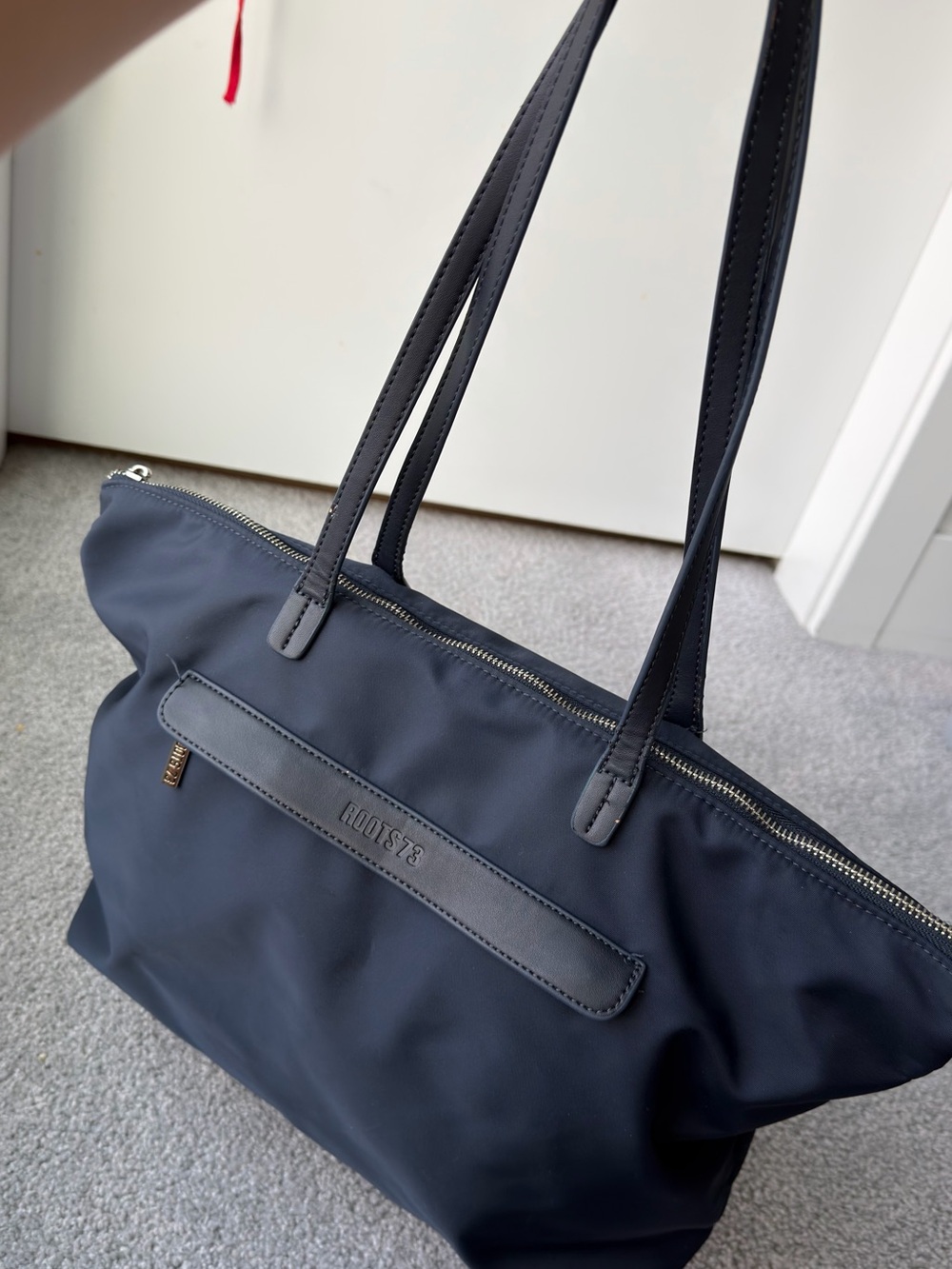 Roots Navy Blue Shoulder Tote with Leather Accents